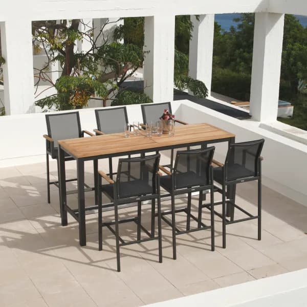 Barlow Tyrie Aura 78" Teak Bar Table with Aura High Carver Chairs (Graphite)