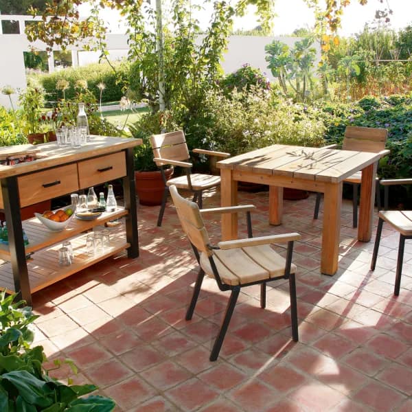 Barlow Tyrie Titan Stacking Rustic Teak Armchairs and 39" Dining Table with Titan Serving Table