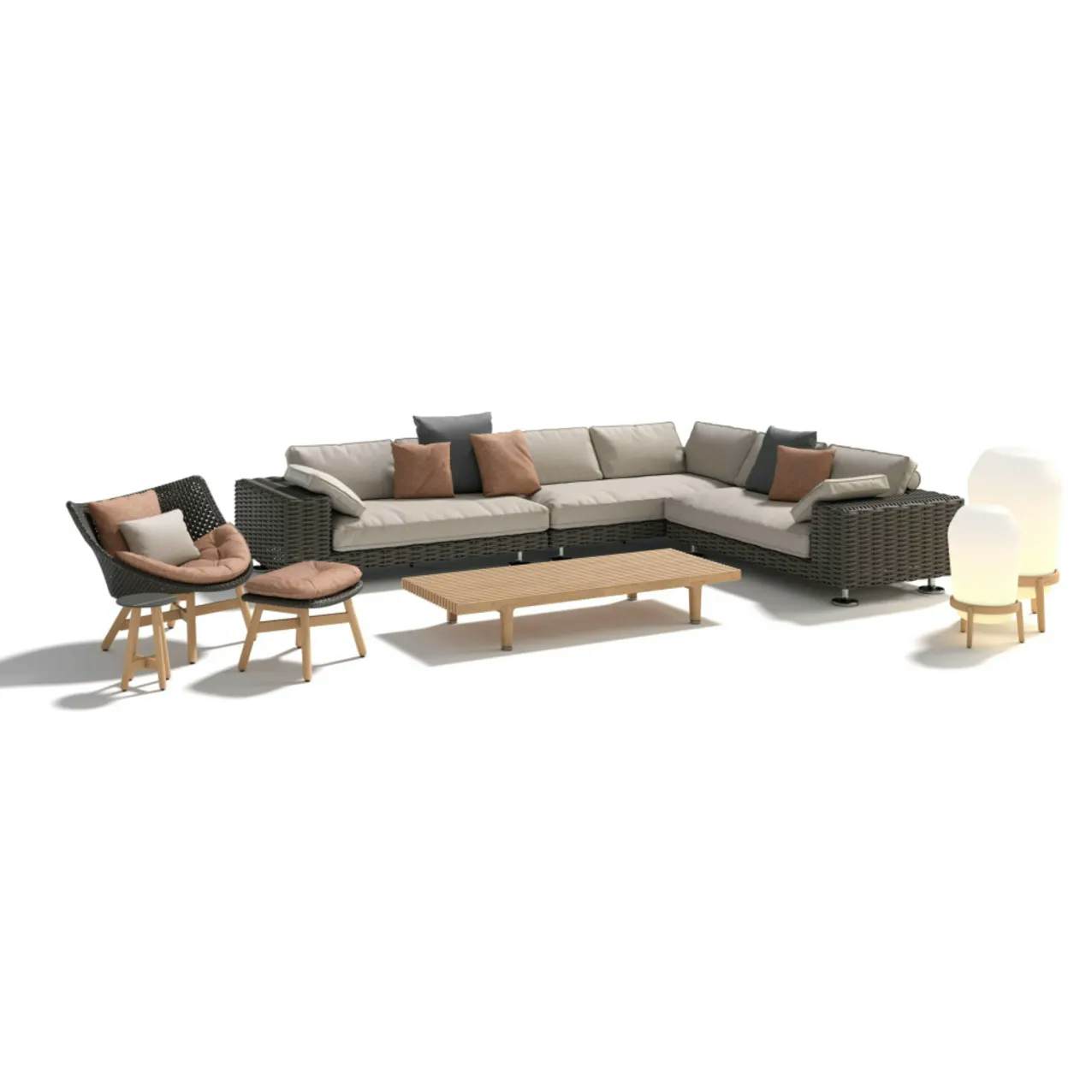 DEDON MBRACE Club Chair & Footstool | PAROS Modular Seating | SEALINE Coffee Table | LOON Floor Lamps