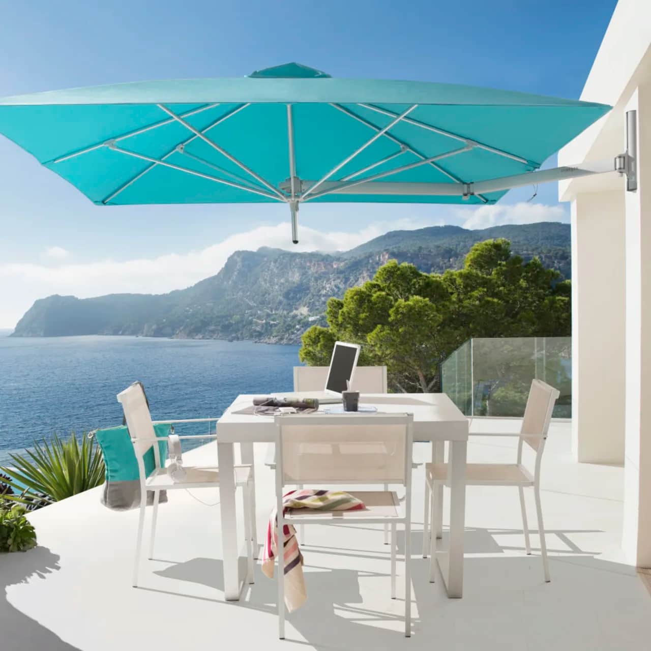 Umbrosa Paraflex 7'6" Wall Mount Umbrella | Sunbrella, Lagoon