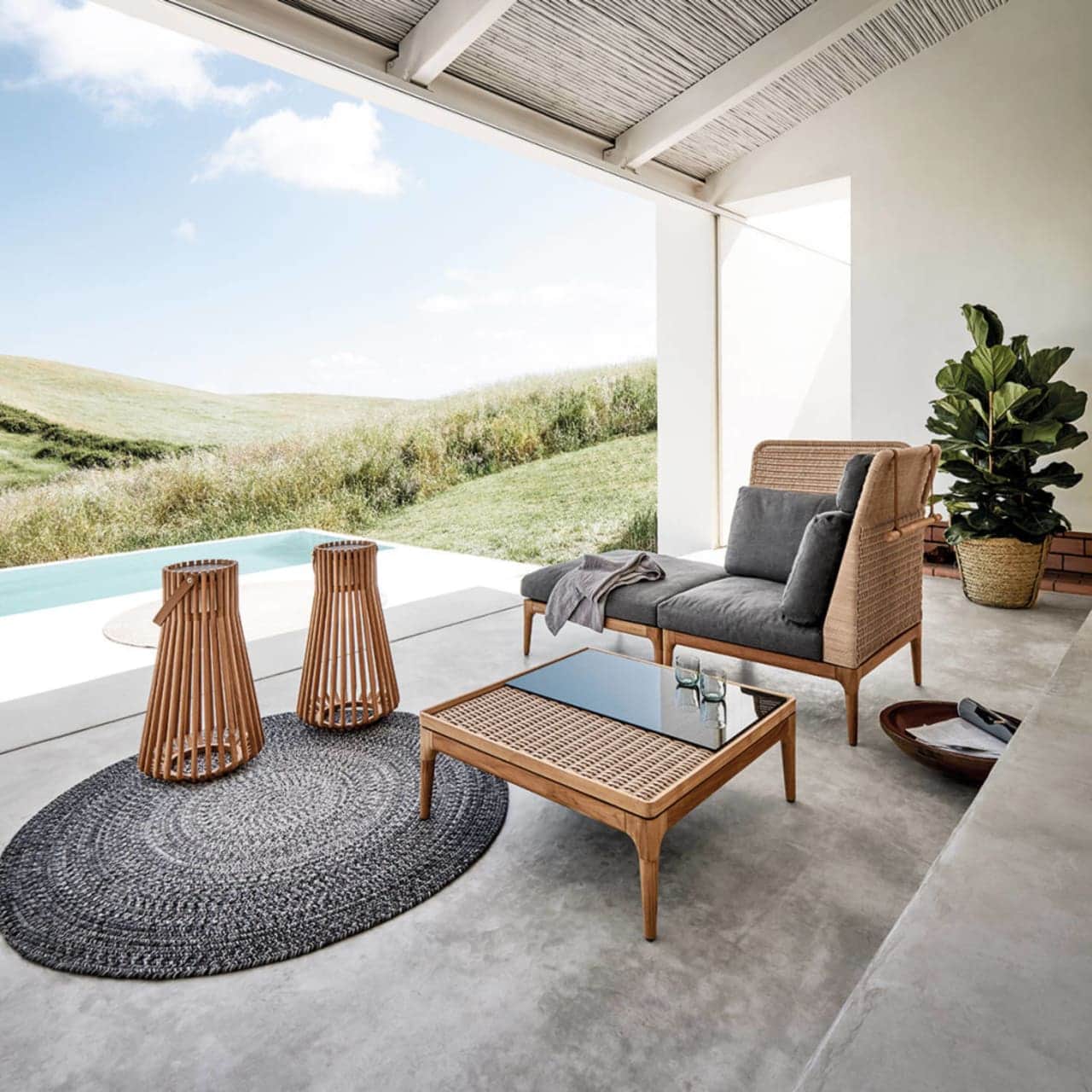 Gloster Ray Teak Lanterns | Lima 32" Square Coffee Table | Lima High Back Corner/End Unit & Ottoman