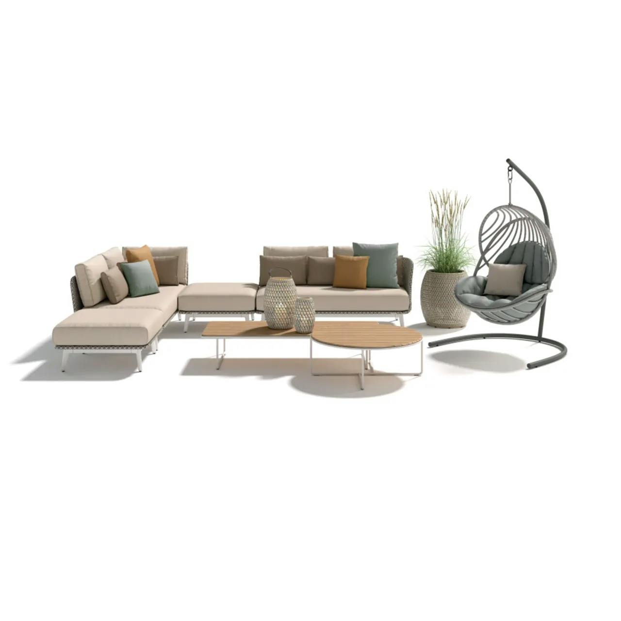 DEDON MBARQ Modular Seating | DALA Lanterns & Planter | KIDA Hanging Lounge Chair