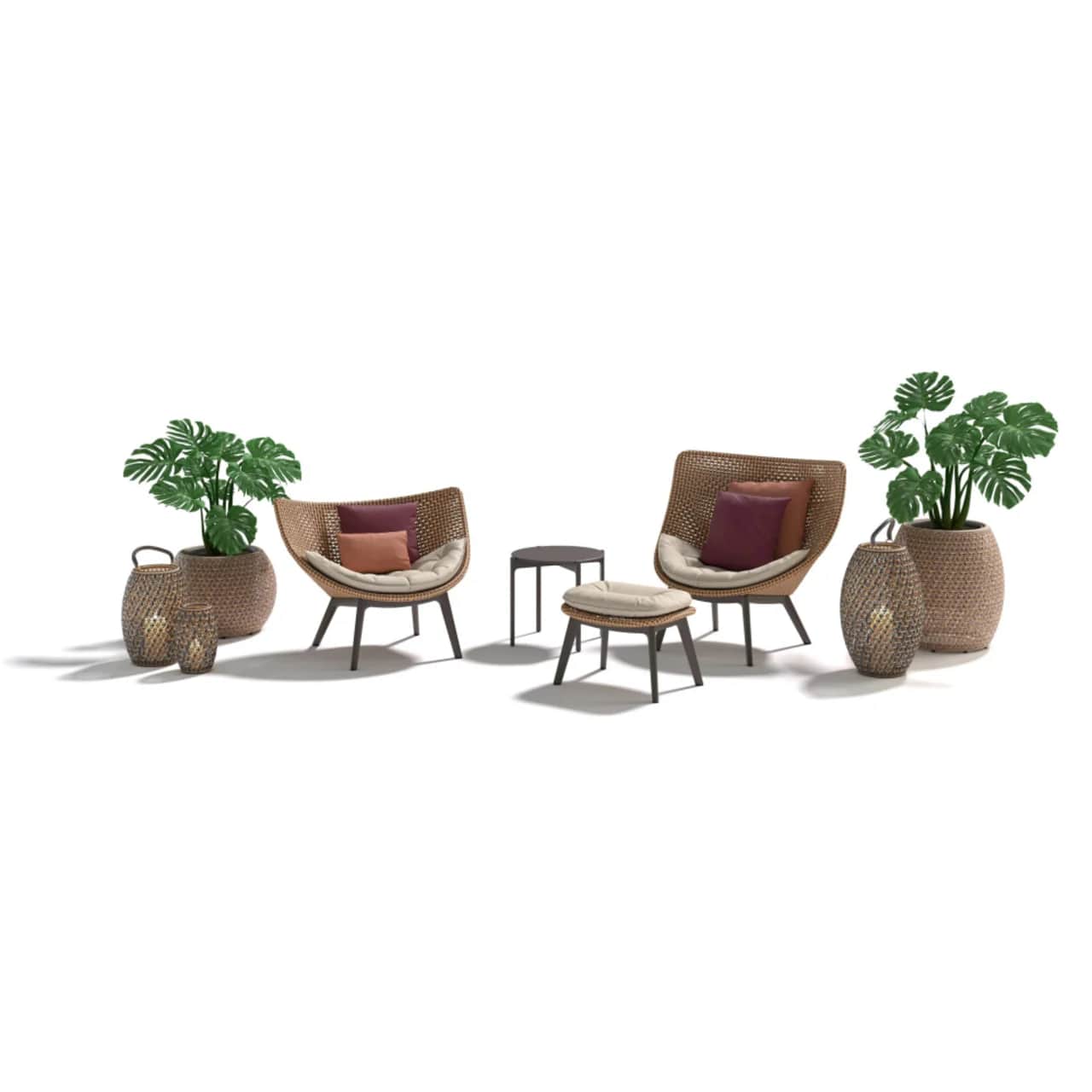 DEDON MBRACE Lounge Chair, Wing Chair & Ottoman | IZON Side Table | DALA Lanterns & Planters