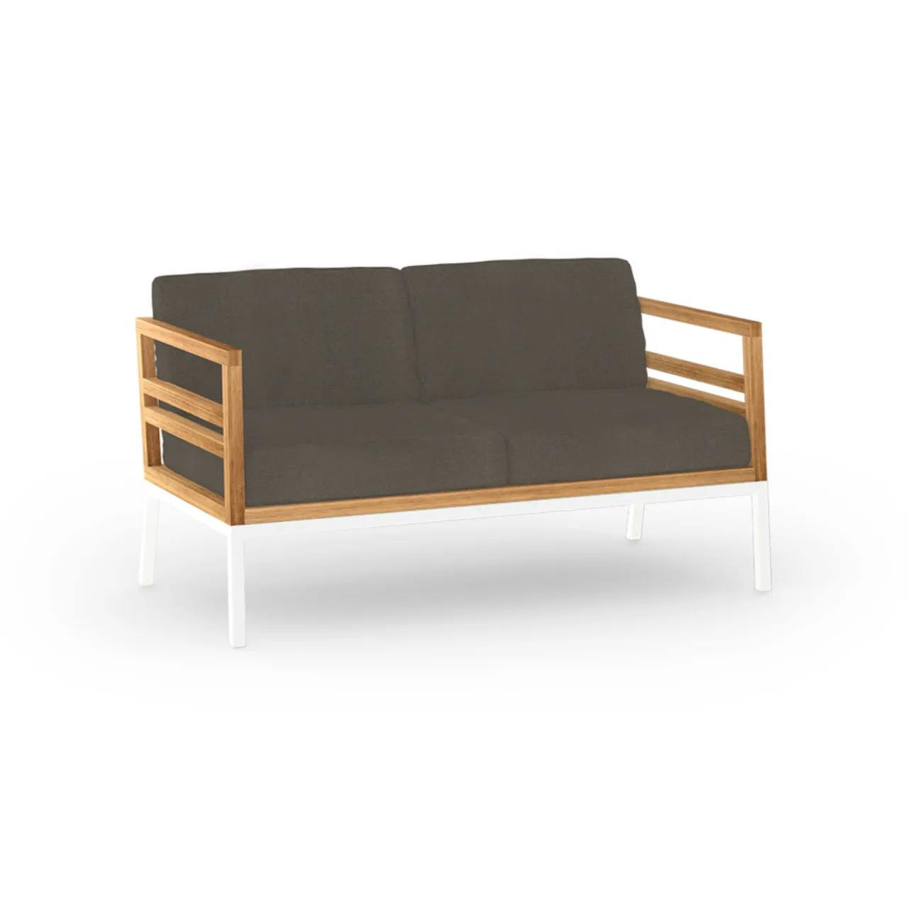 MAMAGREEN Zudu 2-Seater | Frame: Aluminum, White | Top: Teak | Cushions: Sunbrella, Taupe