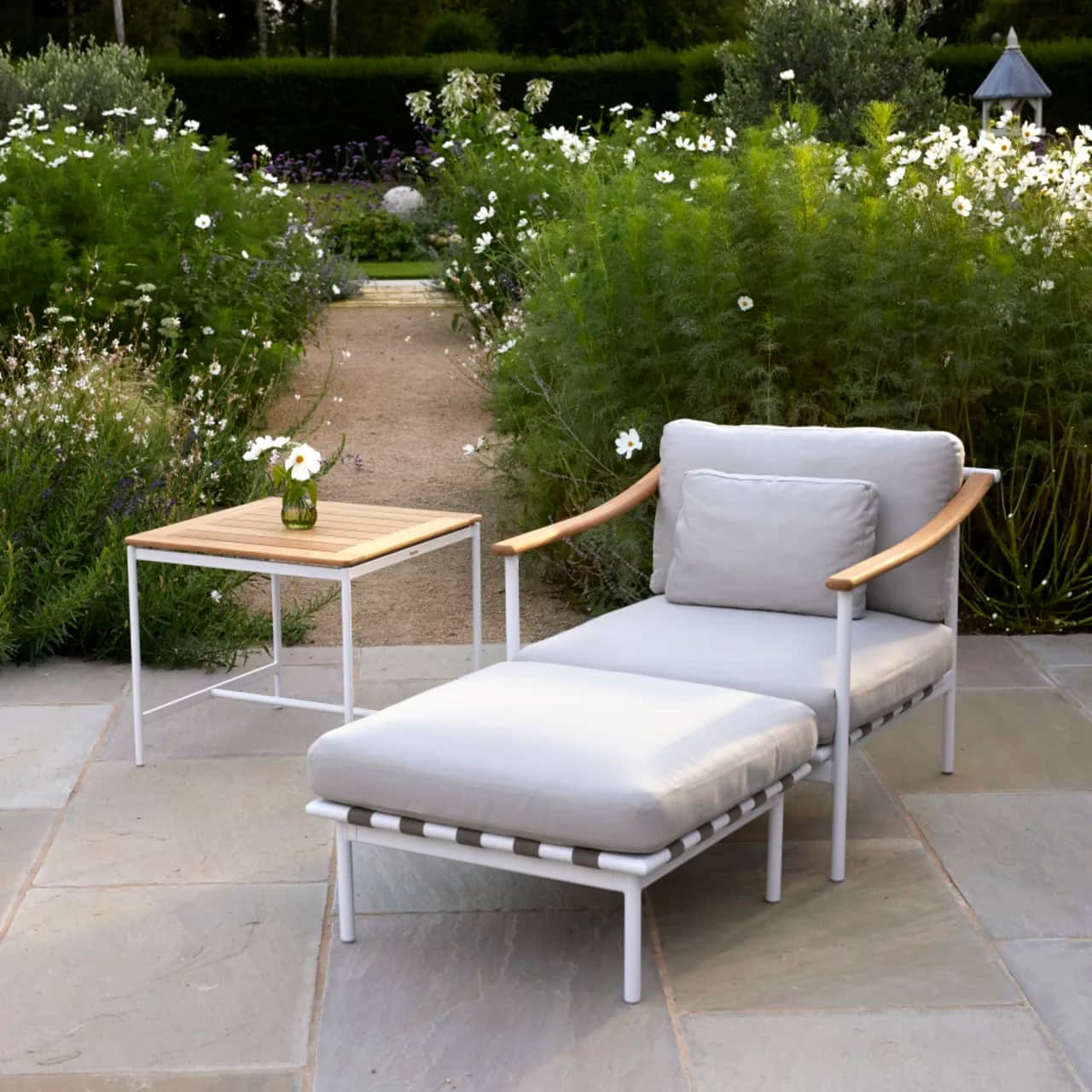 Barlow Tyrie Around Deep Seating Single Module - Teak Arms, Ottoman and 24" Square High Table