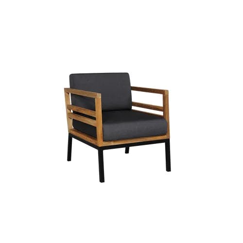 Base: Powder-Coated Aluminum, Black | Frame: Recycled Teak | Seat Cushions: Sunbrella Canvas, Coal