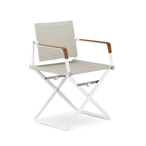 Frame Powder-Coated Aluminum White | Teak Armrests | Sling Sail Dove