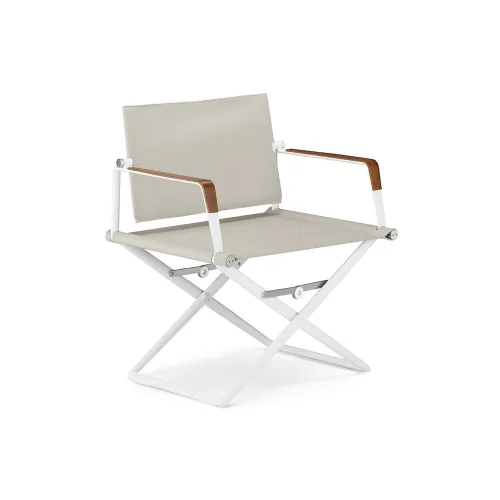 Frame Powder-Coated Aluminum White | Teak Armrests | Sling Sail Dove