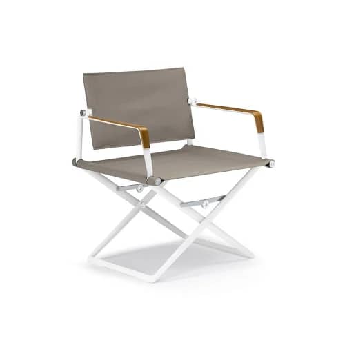 Frame Powder-Coated Aluminum White | Teak Armrests | Sling Sail Taupe