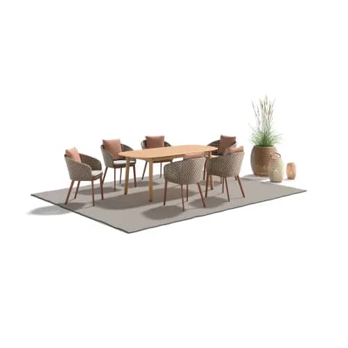 DEDON MBRACE Armchairs with Aluminum Legs & 79" Dining Table | DALA Lanterns & Planter