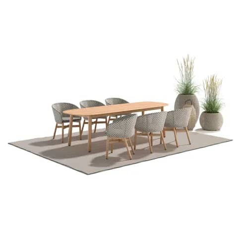 DEDON MBRACE Armchairs With Teak Legs & 107" Dining Table | DALA Lantern & Planters