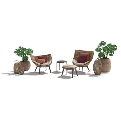 DEDON MBRACE Lounge Chair, Wing Chair & Ottoman | IZON Side Table | DALA Lanterns & Planters