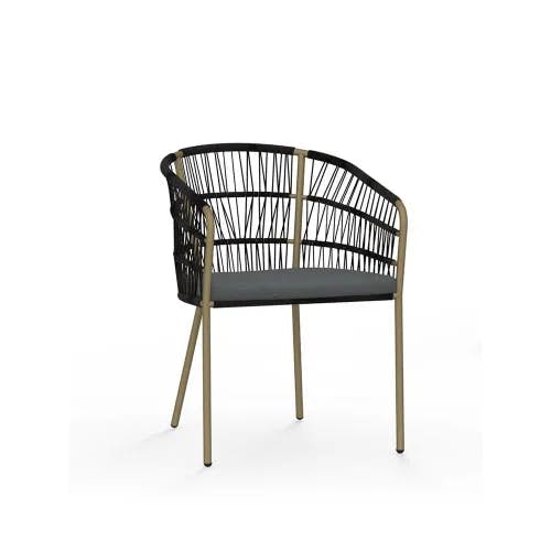 MAMAGREEN Bono Dining Chair | Frame: Aluminum, Neo Brass | Seat & Back: Wicker, Amazon | Cushion: Olefin, Stone