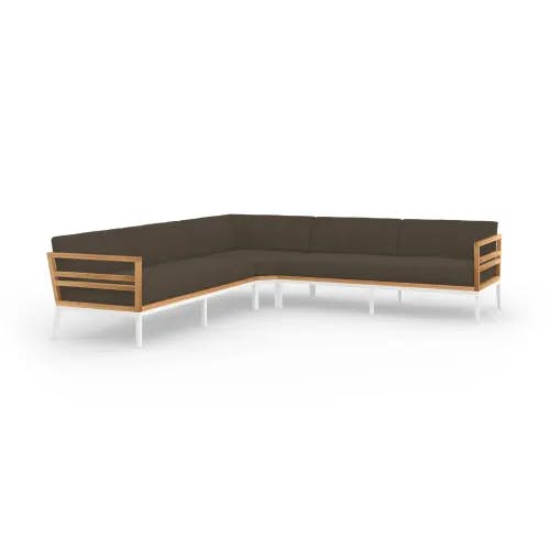 MAMAGREEN Zudu Oversized Corner Sofa | Frame: Aluminum, White | Top: Teak | Cushions: Sunbrella, Taupe