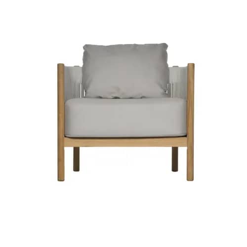 Barlow Tyrie Cocoon Teak Armchair | Frame: Powder-coated Aluminum with Olefin Cord, Chalk | Seat & Back Cushions: Sunbrella®, Lead Chine