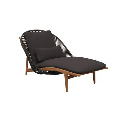 Gloster Bora Lounger | Frame: Natural Finish Teak | Back & Seat: Wicker, Umber | Cushions: Sunbrella, Ground Charcoal