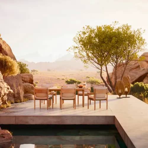 DEDON TIBBO Dining Table and Armchairs | OMBII LED Lamps | SCOORA Lanterns