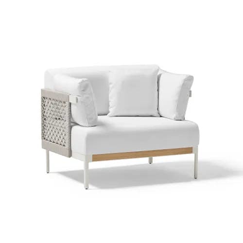 POINT Legacy Lounge Chair (Rope Panels) | Mineral White Powder-Coated Aluminum Frame | Rope Panels | Teak Front
