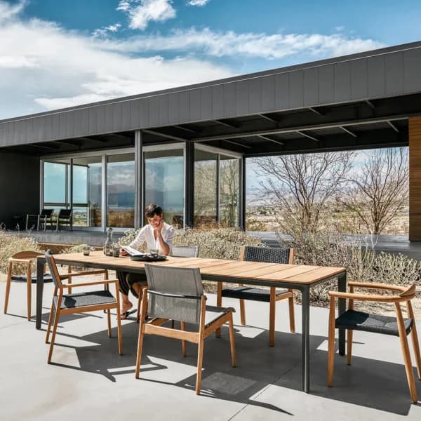 Gloster Carver 87" Dining Table (Meteor, Teak) with Sway and Dansk Dining Armchairs