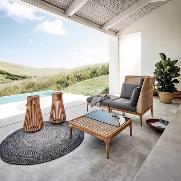 Gloster Ambient Ray Teak Lantern | Lima 32" Square Coffee Table | Lima High Back Right Corner/End Unit & Ottoman