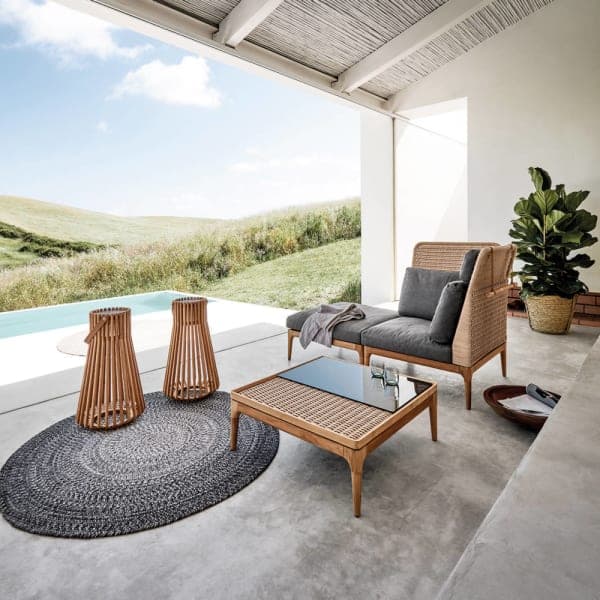 Gloster Ray Teak Lanterns | Lima 32" Square Coffee Table | Lima High Back Corner/End Unit & Ottoman