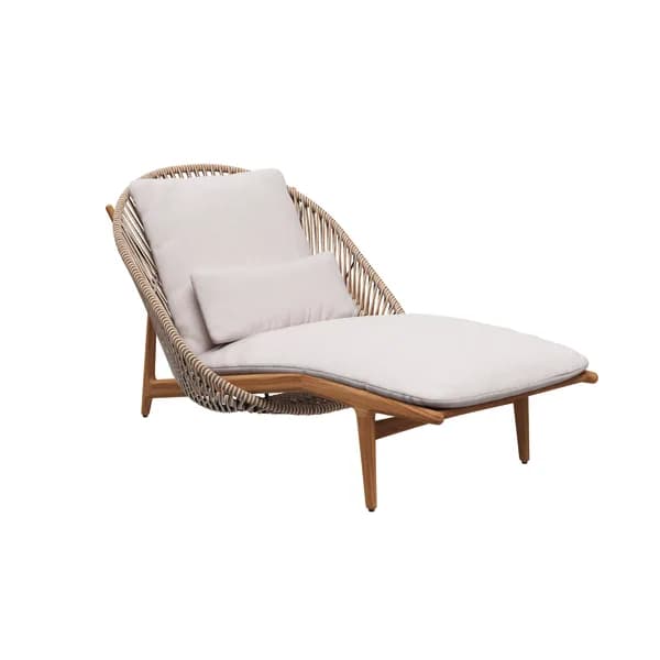 Gloster Bora Lounger | Frame: Natural Finish Teak | Back & Seat: Wicker, Sorrel | Cushions: Sunbrella, Ground Beach