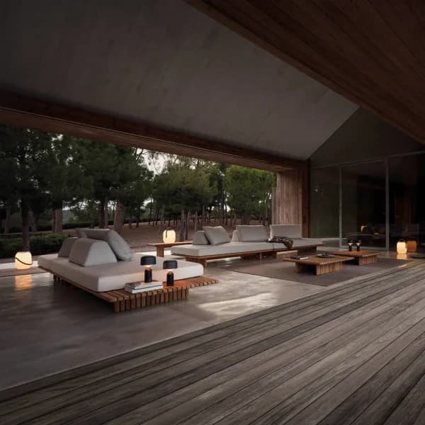 Gloster Deck Lounge Set | Pebble Small Table Lamps | Ambient Cocoon Outdoor Lights