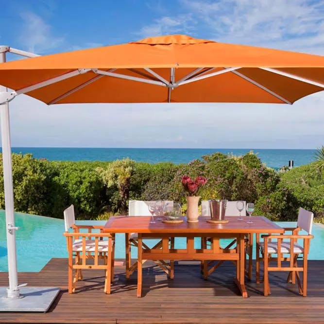 functional beauty: 9.8' pavone square foldaway cantilever umbrella with sunbrella canopy in tuscany