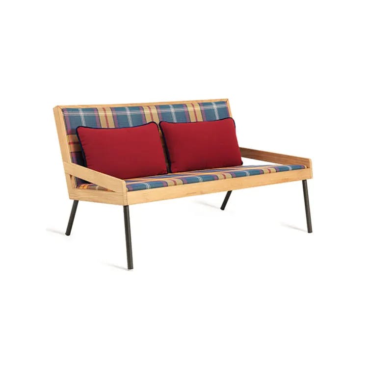 Tartan 2-Seater Sofa with Two Lumbar Cushions in Red Navajo with Velvet Blue Piping