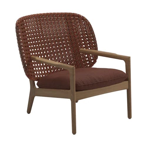 Kay Low Back Lounge Chair | Copper Wicker Back Panel & Fife Salmon Seat Cushion Fabric