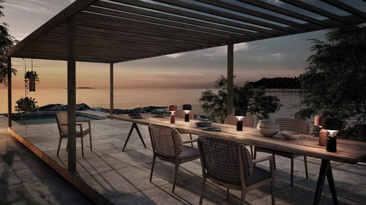 Ambient Pebble Lantern | Raw Dining Table | Kay Dining Armchairs